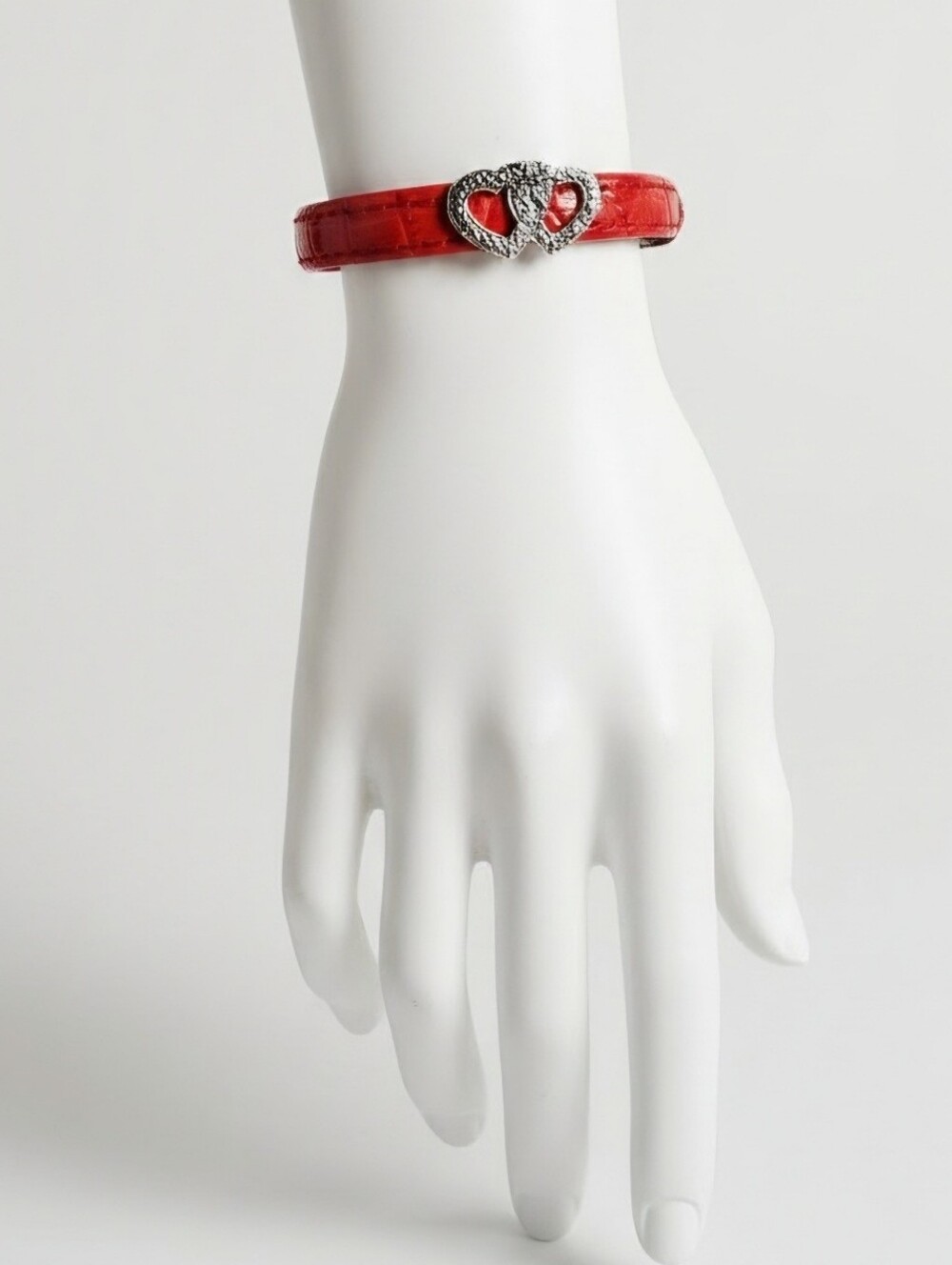 Croc Embossed Leather Bracelet with Double Hearts Red